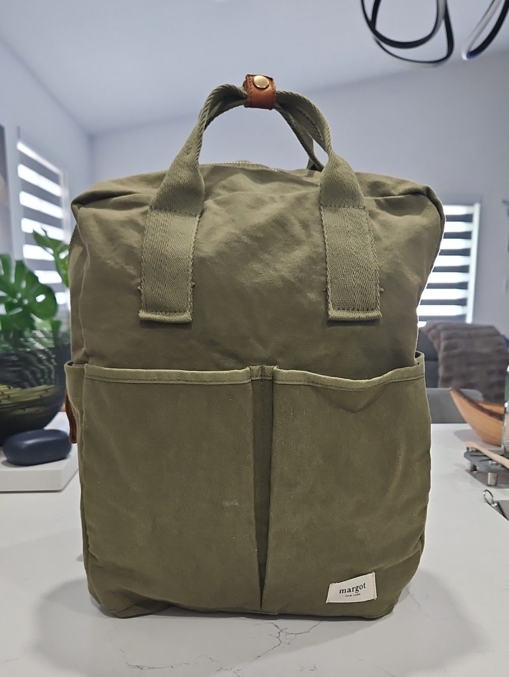 margot Olive Green Canvas Backpack with Dual Front Pockets